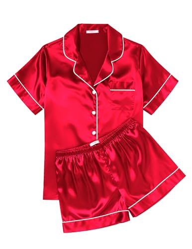 Image of Ekouaer Womens Silk Satin Pajama Sets Soft Short Sleeve Button Down Sleepwear Top and Shorts 2 Piece Pjs Lounge Set