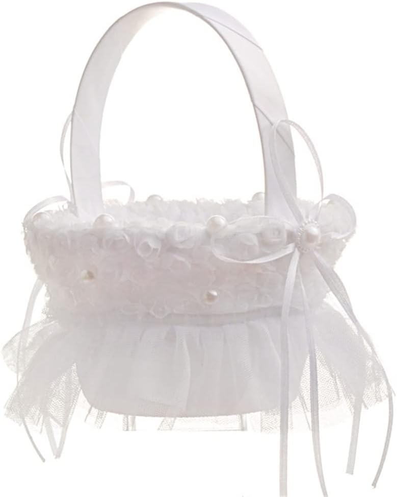 White Knotbow Flower Girl Basket Wedding Comapct Size Ceremony Anniversary Ornaments