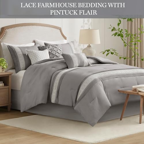 Madison Park Cal King Comforter Set, Farmhouse Cal King Comforter, Lace & Pintuck Design, Down Alternative, All Season Bedding Set, Bed Skirt, Shams & Decor Pillows, Lacey, Cal King, Grey 7 Piece by Madison Park - Image 2