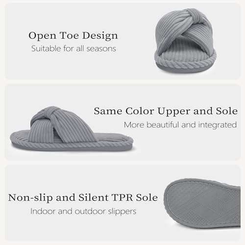 Image of IPSAE House Slippers for Woman Memory Foam Open Toe Slippers Corduroy Cross Bow Womens Slipper Slides Comfy Indoor Bedroom Slip On Shoes