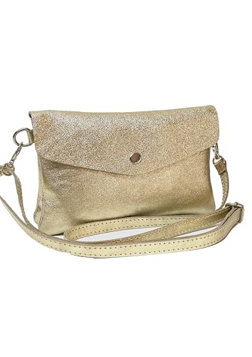 Bolso bandolera de piel auténtica laminada, diseño Envelope con cierre de botón, Dorado claro