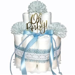 Windeltorte in Blau mit Blumen | für Jungen | Blau | Modern | Oh Baby | Windelkönig | Geschenk zur Geburt, Babyparty & Taufe (blau, klein)