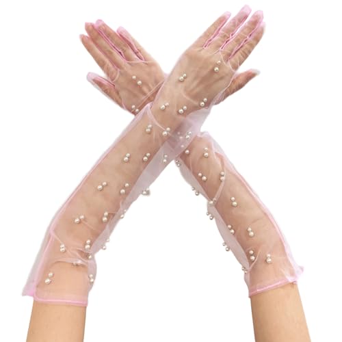 AWOCAN Womens Sheer Long Pearl Mesh Tulle Gloves - Wedding & Bridal Gloves for 1920s Dance Opera & Party (Pink L)
