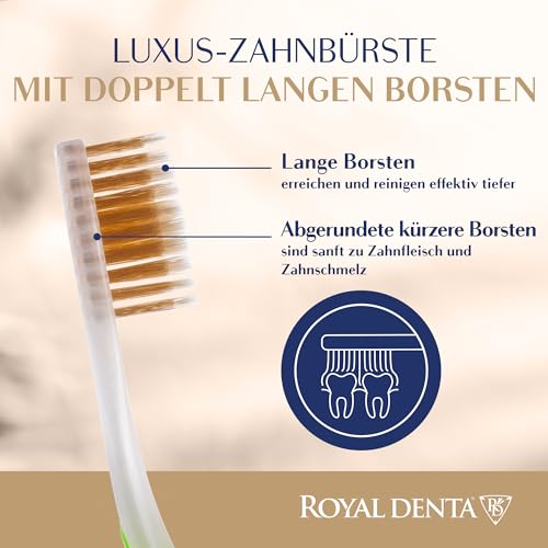 Royal Denta Zahnbürste Mittel, Handzahnbürste sanft zum Zahnfleisch, Doppelborsten für Zahnzwischenräume, mit Goldpartikeln zur antibakteriellen Pflege, ergonomisch & langlebig, Grün