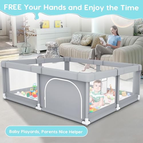 Image of Fshibila Baby Playpen with Mat, Baby Playpens for Babies and Toddlers, BabyFence Play Pen for Indoor & Outdoor, Sturdy Safety Play Yard with Soft Breathable Mesh, 50 * 50 * 27 inches Grey