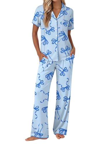 Image of Ekouaer Pajamas for Women Set Button Up Soft Pjs Short Sleeve 2 Piece Lounge Sets Comfy Sleepwear