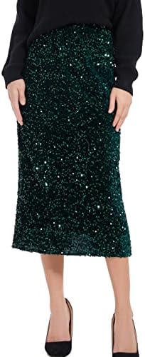 Dwirapal Women’s Sequin Velvet Skirt Elastic High Waist Sparkle Split Hem Night Out Party Maxi Skirt
