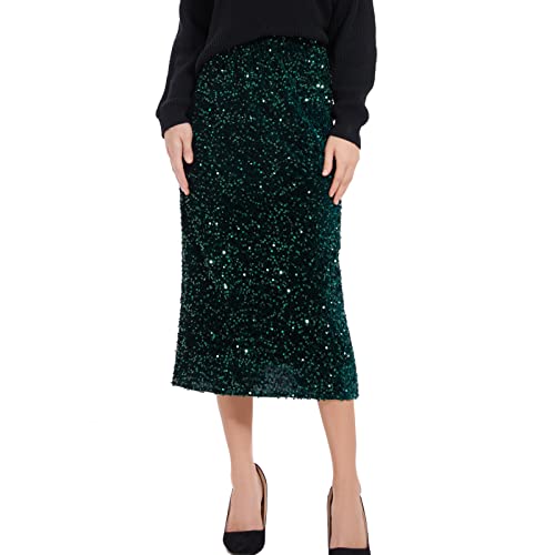 Dwirapal Women’s Sequin Velvet Skirt Elastic High Waist Sparkle Split Hem Night Out Party Maxi Skirt #TOP1