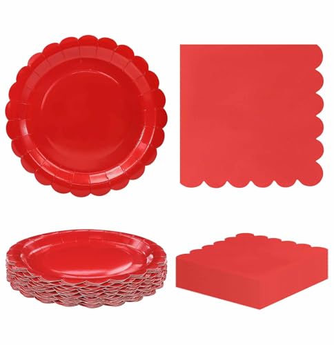 HEIPINIUYE 50 Pcs Red Paper Plates and Napkins Party Supplies Include 7 Red Scalloped Plates and 6.5 Paper Napkins Disposable Tableware Set for Dinner Wedding Birthday Party (Serves 25)