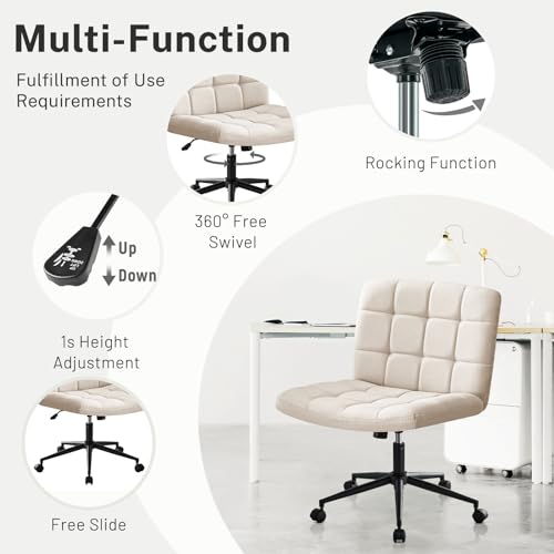 Furniliving Home Office Desk Chair with Wheels,Criss Cross Legged Wide Chair Armless Height Adjustable Chair with Mid Back Swivel Accent Vanity Chairs,Linen-Beige