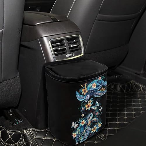 Image of Talayituse Turtle Plumeria Print Car Trash Bin, Large Size Auto Trash Can Adjustable Portable Garbage Can with Lid, Vehicle Hanging Bag for Headrest Front Back Seat