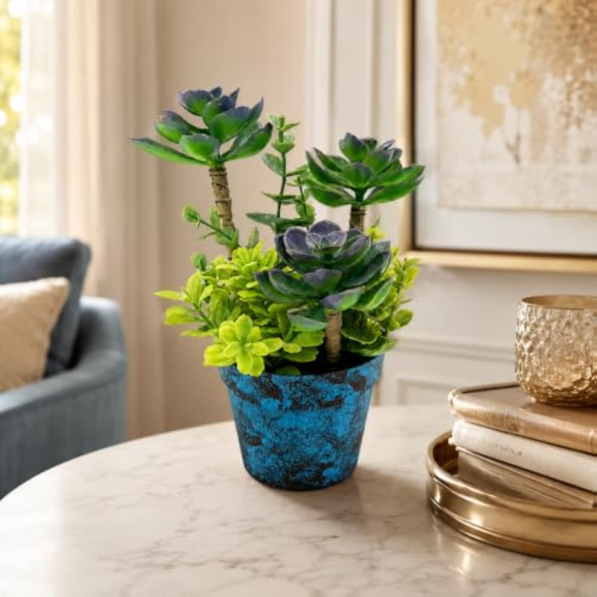 Desert Grove Artificial Succulent Plant Arrangement with Rustic Blue Decorative Pot