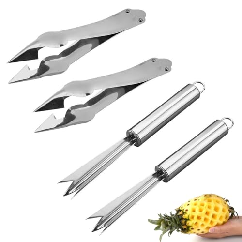 TorSor 4 Pack Pineapple Peeler Pineapple Eye Remover Clip Stainless Steel Pineapple Eye Cutter Removal Tool Strawberry Huller Pineapple Corer Cleaning Knife for Fresh Pineapple Strawberries Stem