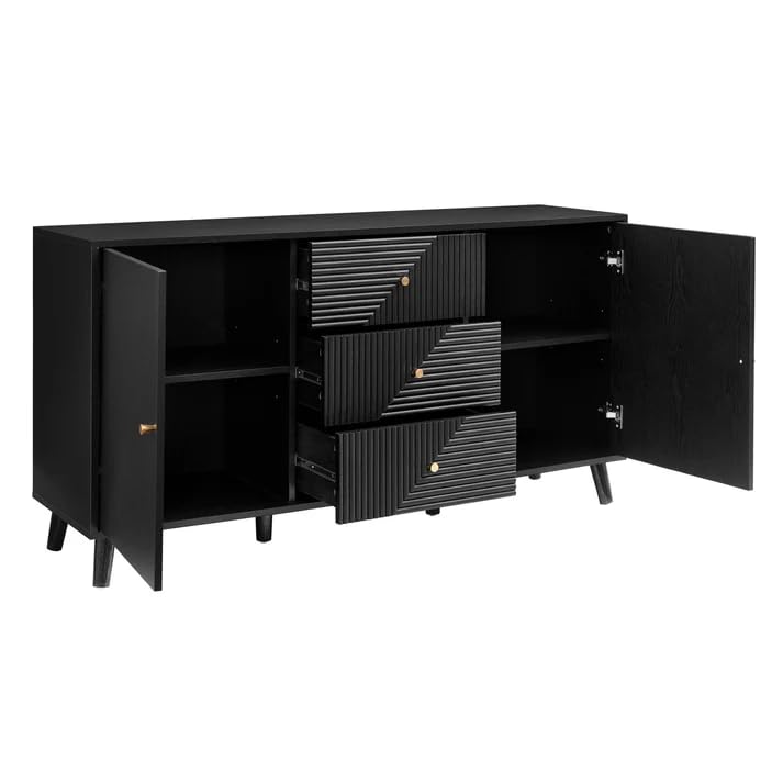 Image of Wooden Sideboard Cabinet for Living Room | Side Board Crockery Cabinet with 2 Doors & 3 Drawers Storage for Dining, Drawing and Home Office | HDMR Premium Wood & Iron(Black)
