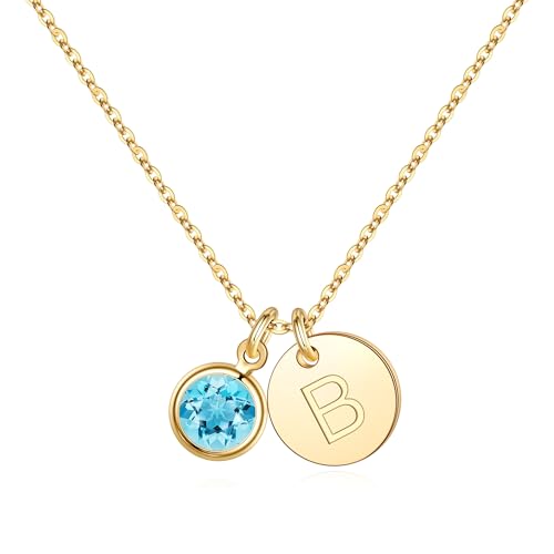 Hidepoo Initial Birthstone Necklace for Girl Women - 14K Gold Plated Disc Letter Necklace Personalized Gifts Jewelry Birthstone Initial Necklaces Birthday Gift for Female Teens Mom