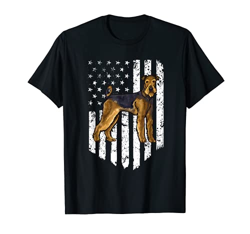 Black White American Flag Airedale Terrier 4th Of July USA T-Shirt
