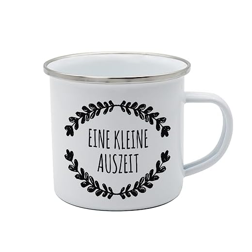 GEDALABELS Tasse Kleine Auszeit Emaille 350ml, Camping, Outdoor, Trinkbecher, Emaillebecher, Emailletasse, lebensmittelecht, Weiß Oder Cremefarben