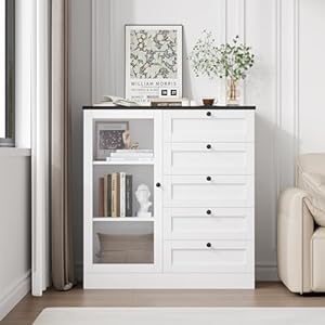 Hostack 5 drawer dresser with door white storage cabinet with drawers and shelves wide wood dresser modern chest of drawers organizers for living room kitchen hallway  urban country home decor