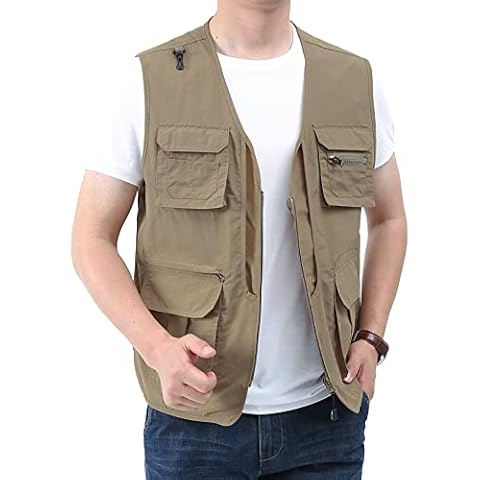 PEHMEA Men's Summer Outdoor Work Hiking Travel Photo Safari Fishing Cargo Vest Jacket Multi Pockets, Khaki, S Cover