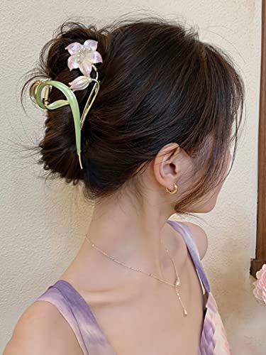 Large Metal Hair Clips, Flower Claw Clips Purple Lily Hair Claw Non-Slip Hair Barrettes Floral Hair Clamps Strong Hold Hair Claw Clips For Thick Thin Hair Fashion Big Hair Accessories For Women Girls #TOP2