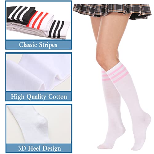Image of DOOVID Casual Knee High Socks for Women Tube Socks Elasticity Athletic Socks Thin Stripe Knee High Stockings