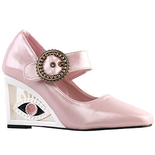 SHOW STORY Glittery Pink Buckle Mary-Jane Square-Toe Wedge Eye Shape Heels Pumps,LF108013