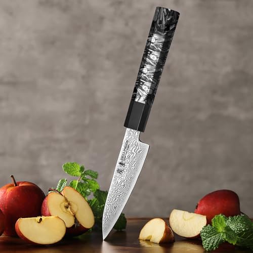 DELLINGER Nóż do obierania warzyw Carbon Fiber Octagon z rdzeniem ze stali damasceńskiej VG-10, 61 HRC. Uchwyt węglowy z końcówką G10. Idealny do cięcia, siekania, ważenia. Długość ostrza 140 mm