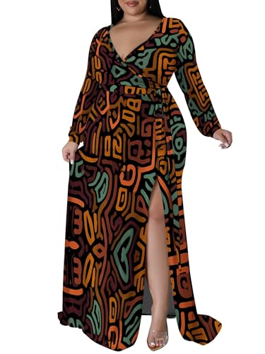 Image of PinkPatty Women's Plus Size Long Sleeve Maxi Dress Casual V Neck Slit Tie Waist Wrap Dresses for Party Cocktail