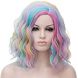 Aicos Fashion 35cm Short Curly Full Head Wig Pastel Rainbow Costume Wigs for Women Daily Dress Carnival Party Masquerade Anime Cosplay Wig +Wig Cap (Pastel Pinky Yellow Pink Blue Green)