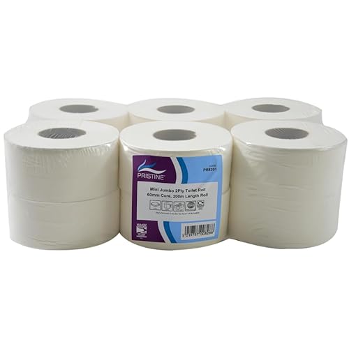 Pristine Mini Jumbo White Toilet Tissue, 2-Ply, 60mm Core, 200m Length, Soft to Touch 100 Percent Recycled Pulp Tissue, CHSA and FSC Accredited, UK Made (Case of 12 Rolls)