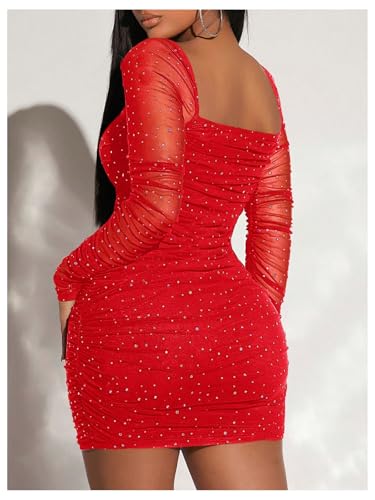 Image of Floerns Women's Sequin Mesh Long Sleeve Square Neck Ruched Mini Bodycon Dress