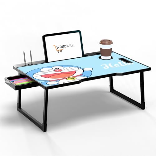 Image of WONDWILD Smart Multipurpose Foldable Laptop Table with Cup Holder, Study Table, Bed Table, Breakfast Table, Foldable and Portable /Ergonomic & Rounded Edges /Non-Slip Legs (ABS DRM)