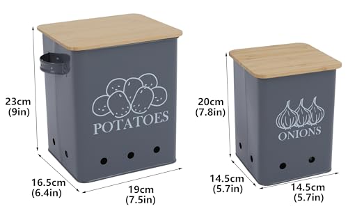 Image of Potato Onion Storage Bin, Kitchen Storage Canister Set of 2, Kitchen Pantry Organizer Tin - Vegetable Fresh Keeper with Aerating Tin Storage Holes & Wooden Lid (Gray)