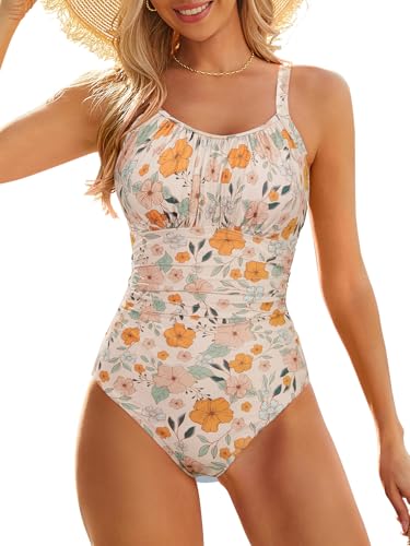 Modest One Piece Swimsuit Women Tummy Control 2026 Long Torso Slimming Bathing Suit Cute Floral Swim Suits Orange Floral L