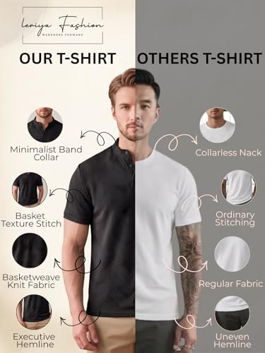 Image of Leriya Fashion Men's Textured Mandarin Collar T-Shirt | Premium Casual Polo Style T Shirt for Men | Smart Casual Office, Party &Everyday Wear