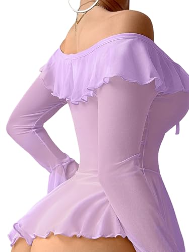 Image of Foxiny Sheer Ruffle Long Sleeve Babydoll Lingerie Dress | Off-shoulder neckline, flared cuffs and a flounce hem add movement; thong and thigh-high stockings complete the 3-piece set