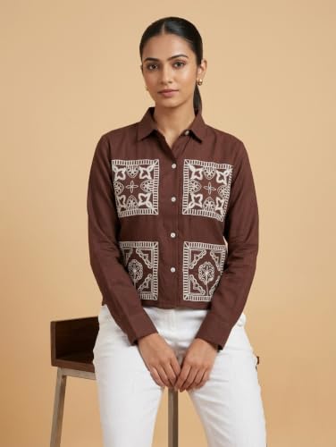 Image of Stylish Women's Embroidered Shirts | Geometric Pattern Half Sleeve Collared Button-Up Casual Shirt for Women