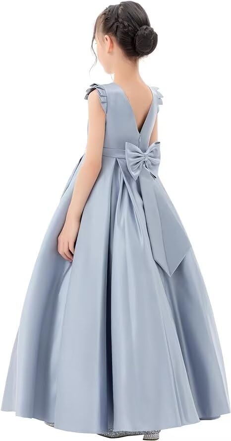 Satin Flower Girl Dress Flying Sleeve V-Back Pageant Dress Holiday Birthday Party Prom Ball Gown with Bow-Knot2