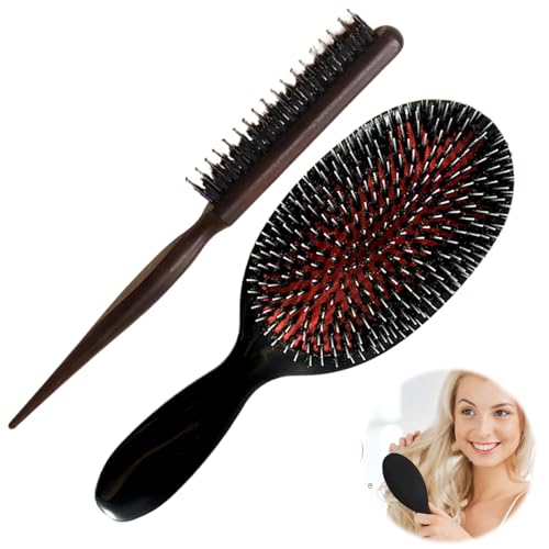 2 Pcs Extension Boar Bristle Hair Brush, Hair Brush for Extensions, Long Thick Curly Wavy Dry or Damaged Slick Back