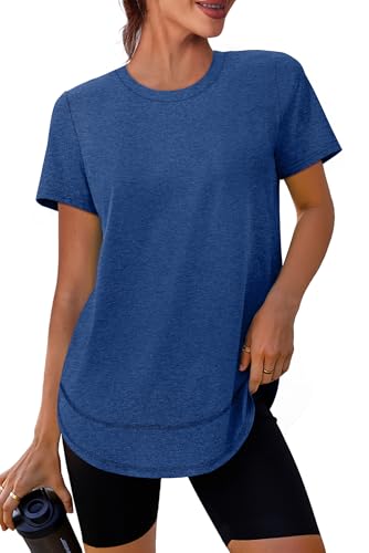 Spring Summer Tops for Women Short Sleeve Hiking Shirts Athleisure Golf Shirt Beach Fashion Curved Hem Loose Fit Navy 2XL