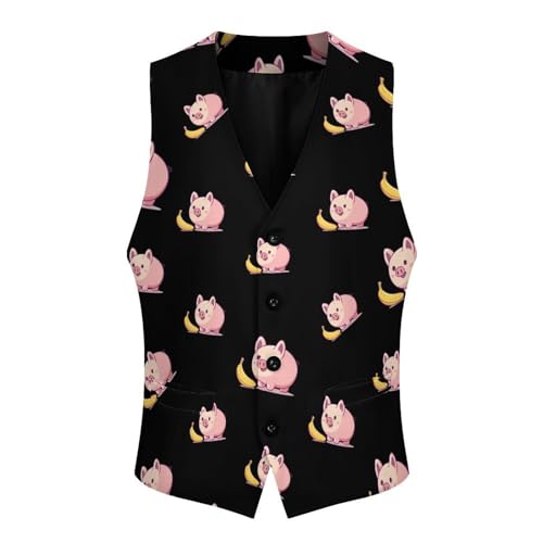 Cute Pigs Banana Suit Vest for Men Waistcoat Dressy V Neck Button Down Sleeveless Business Jacket Coat 6