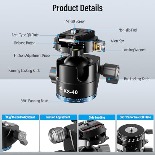 SIRUI 40mm Low Profile Ball Head KS-40, 360° Double Panoramic Aluminium Alloy Tripod Head for Camera, Camcorder, Professional Heavy Duty Ball Head for Tripod, Monopod, Camera Slider, Max Load 25KG by Sirui - Image 6