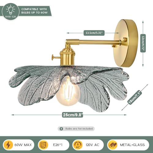 Image of Vintage Sconce Over Mirror Mid Century Modern Wall Sconce Light Fixture Gold Bathroom Vanity Lights with Dark Green Flower Glass Shade 90 Degree Adjustable Hardwired Wall Lighting