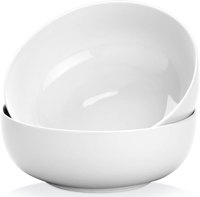 Cuencos para servir pasta, cuencos grandes para servir de 120 onzas y 9,7 pulgadas, ensaladeras de porcelana para cocina, cuencos blancos grandes para sopa, aptos para horno y lavavajillas, juego de 2 | Esmalte suave, fácil de limpiar, apilable, apto para horno/microondas/lavavajillas/congelador, lo suficientemente profundo para sopa, fruta y entretenimiento