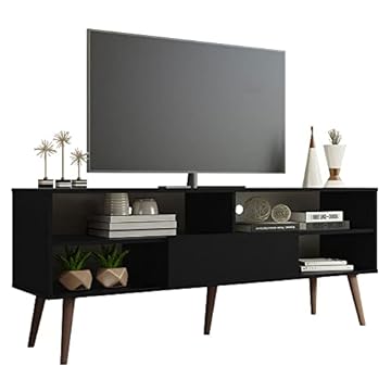 Madesa TV Stand with 1 Door and 4 Shelves with Cable MANAGEMENT for 55, 65 Inch Media Storage Media Console Living Room and Bedroom Entertainment Center Wooden Television Cabinet - Black