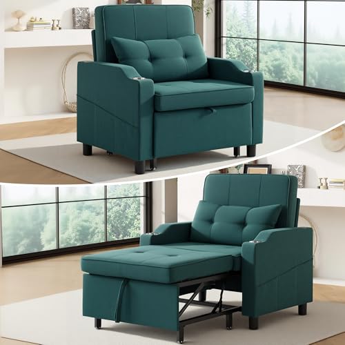 Image of Sleeper Chair 5-in-1 Convertible Chair Bed Pull Out Adjustable Single Armchair Sofa Bed with USB Ports,Side Pocket,Cup Holder (Green)