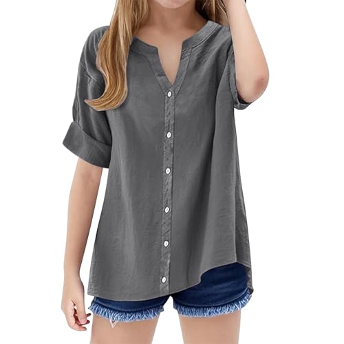 Girls Button Down Linen Shirts Roll Up Cuffed Sleeve T Shirts Solid Color V Neck Casual Loose Tops Summer Clothes