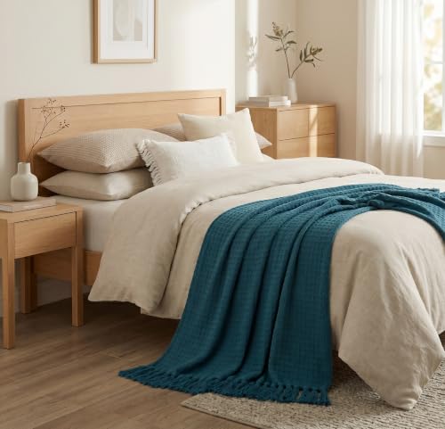 Image of Furnistitchs Bohemian Cotton Sofa Throw Blanket 50x60 inches | Waffle Knit & Chevron Pattern with Fringes | Aesthetic Decorative Couch Throw for Living Room & Bedroom (Teal)