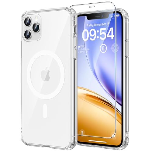 TAURI für iPhone 11 Pro Max Hülle 6 5 mit Panzer Schutz Glas Folie Kompatibel mit MagSafe Schutz nach Militärstandard [Anti-Vergilbung] Stoßfest Magnetisch Handyhülle - Durchsichtig