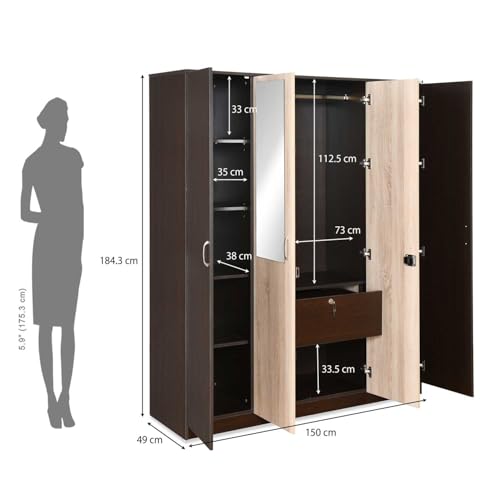 Image of Nilkamal Willy Neo 4 Door Wooden Wardrobe with Mirror for Bedroom | Almirah with 7 Shelves, 2 Hanging Rods, 1 Lockable Drawer | Clothes Cupboard | Engineered Wood | Wenge & Sonoma Oak